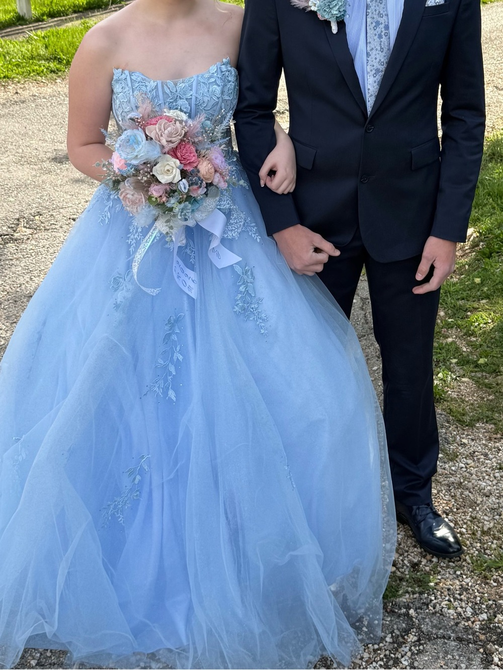 Strapless Light Blue Prom Ball Gown with Embroidered Bodice